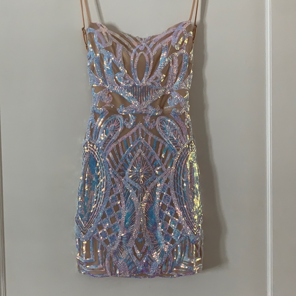 starstruck strappy dress in nude iridescence